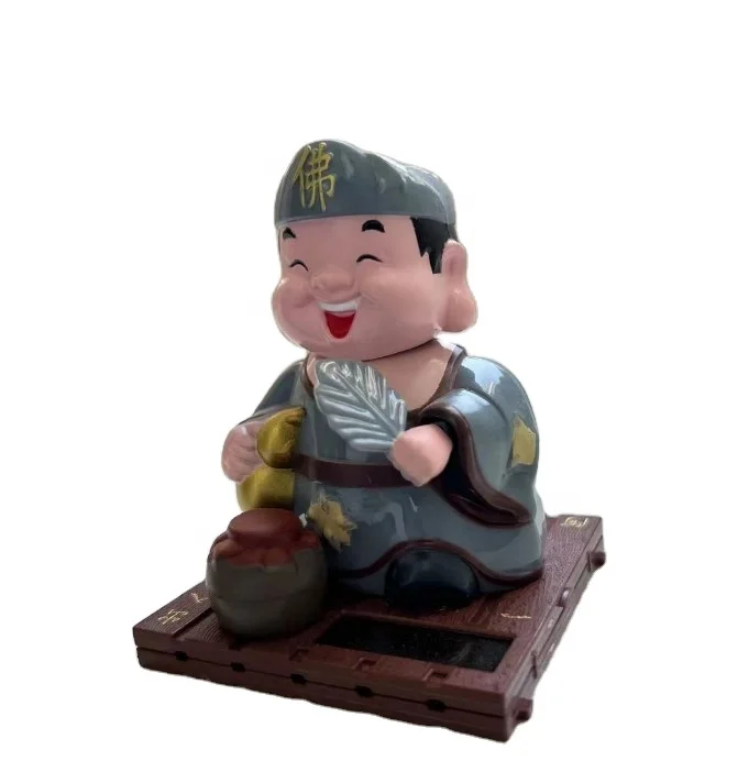 Cute Buddhist Monk Statue Solar Power Dancing Little Monk Figurine Chinese Shaolin Monk Sculpture for Car Garden Decor