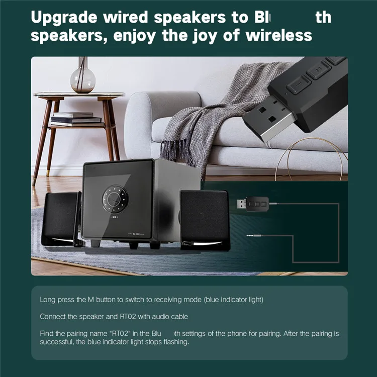 Mini 2 In 1 Wireless  5.0 Audio Receiver Transmitter 3.5mm Jack Aux USB Wireless Adapter for TV Car Pc Headset RT02