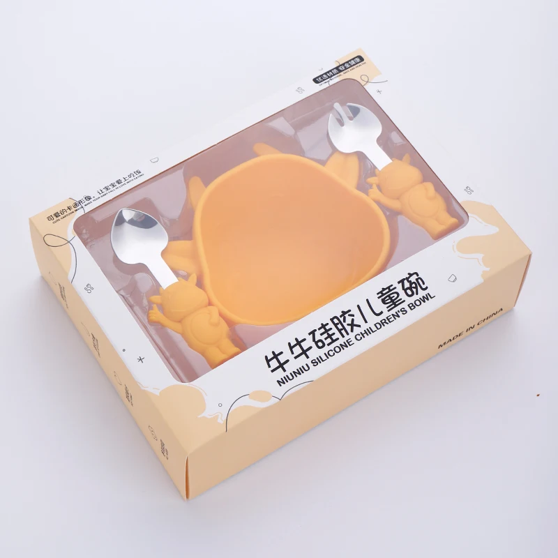BPA Free Safety Cow Shape Trending Baby Eating Plate Fork and Spoon Bowl Baby Supplies Products Silicone Feeding Set