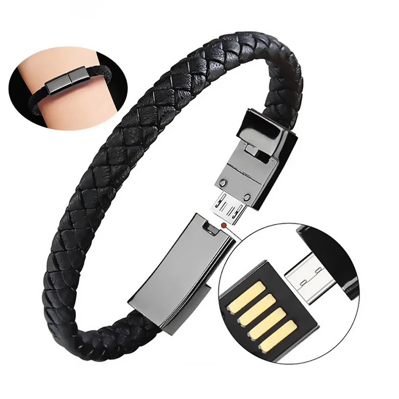 
New Design Leather Braided USB Charging Cord Charger Bracelet Cable For Iphone Android Type-C Lightning 