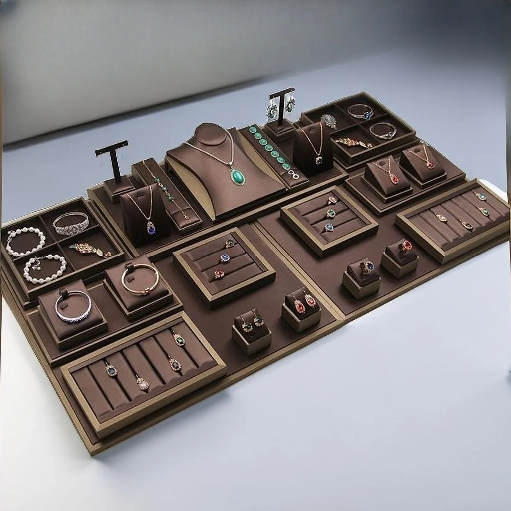 Luxury Brushed PU Jewelry Display Case Set Jewelry Tray Jewelry Display Stand
