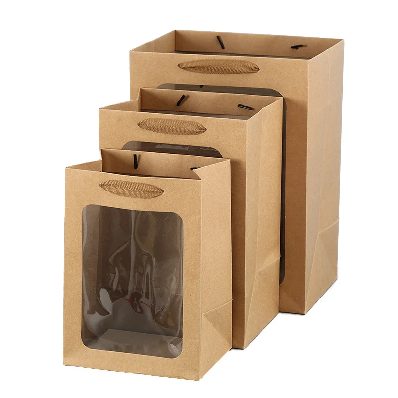 Custom logo wedding  flower Packaging cardboard gift shopping Bag Reusable kraft paper bags with PVC transparent window