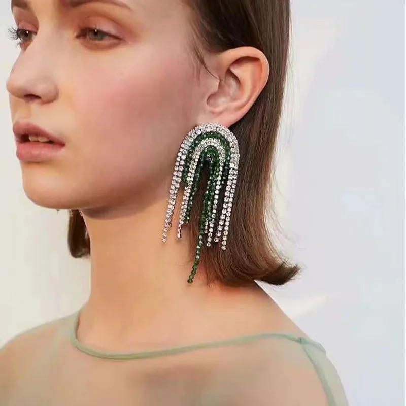 Gold plated statement crystal drop earrings high quality  jewelry exaggerated long rhinestone tassel earrings for women