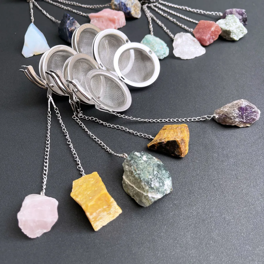 Wholesale Tea Maker Tea Filter Mixed 304 Stainless Steel Natural Gemstone Mixed Raw Quartz Crystal Tea Strainer for Meditation