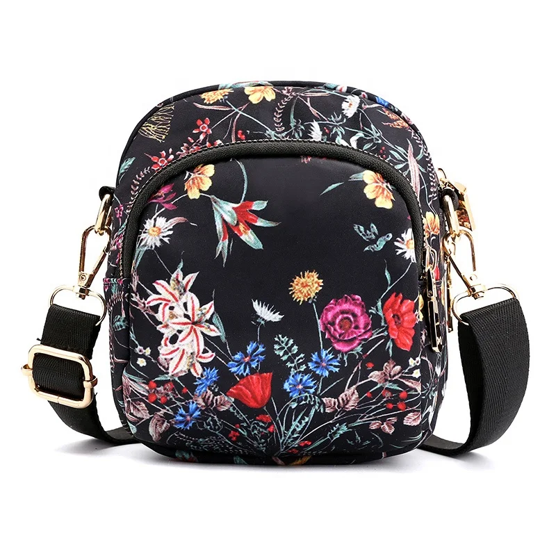 
High Quality Cheap Colorful Flower Printing Breathable Nylon Cloth Female Hiking Shopping Bum Bag Outdoor Sling Bag 