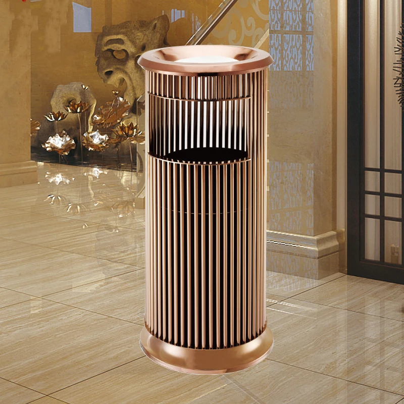 Commercial Waste Basket Container Rose Gold Stainless Steel Round Hotel Lobby Trash Can For Elevator