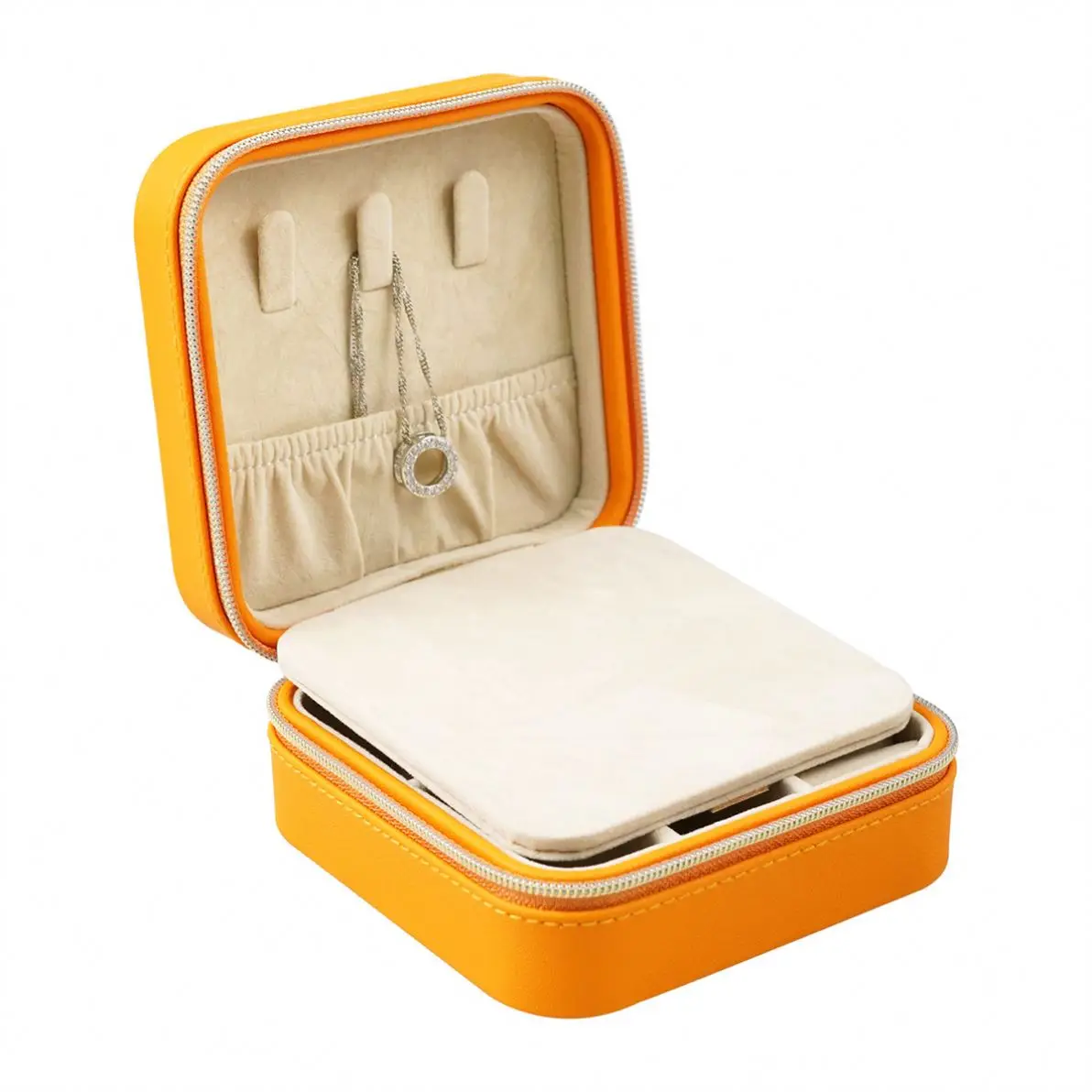 Travel organizer mini zipper velvet earing earring case mirrored display storage ceramic suede jewelry box with mirror