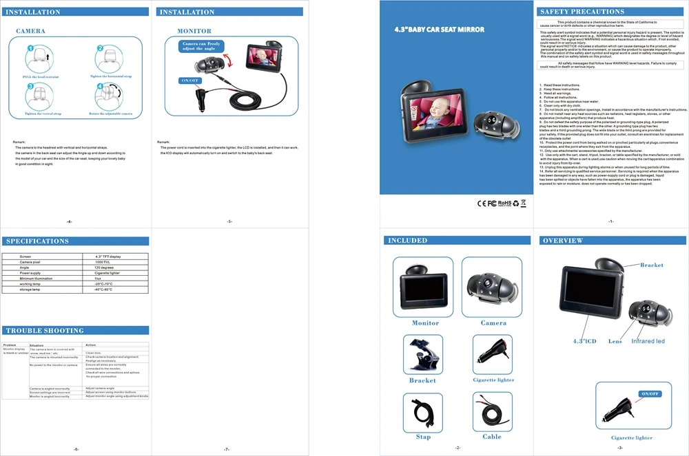 4.3 inches car video car mirrors with wire for baby