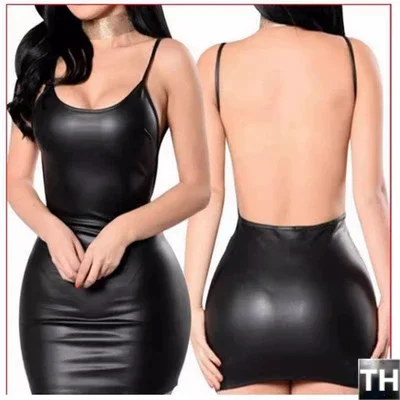 High Elastic Tight Shiny Leather Suspender Backless Sleeveless Short Dress Outerwear Leather Skirts For Women