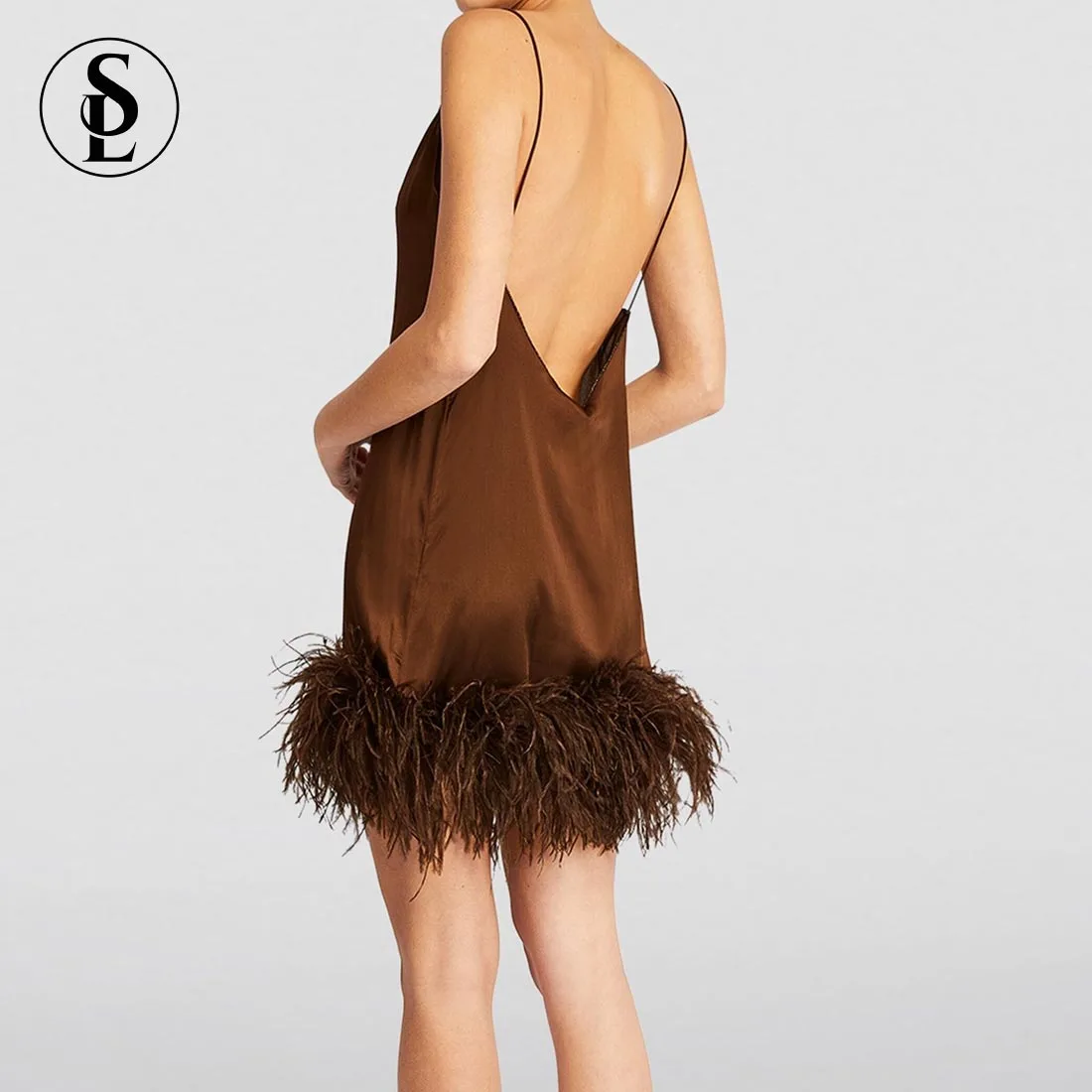 Feather Pajamas Luxury Designer Sexy Girl Lingerie Silk Satin Ostrich Feather Night Dresses for Woman