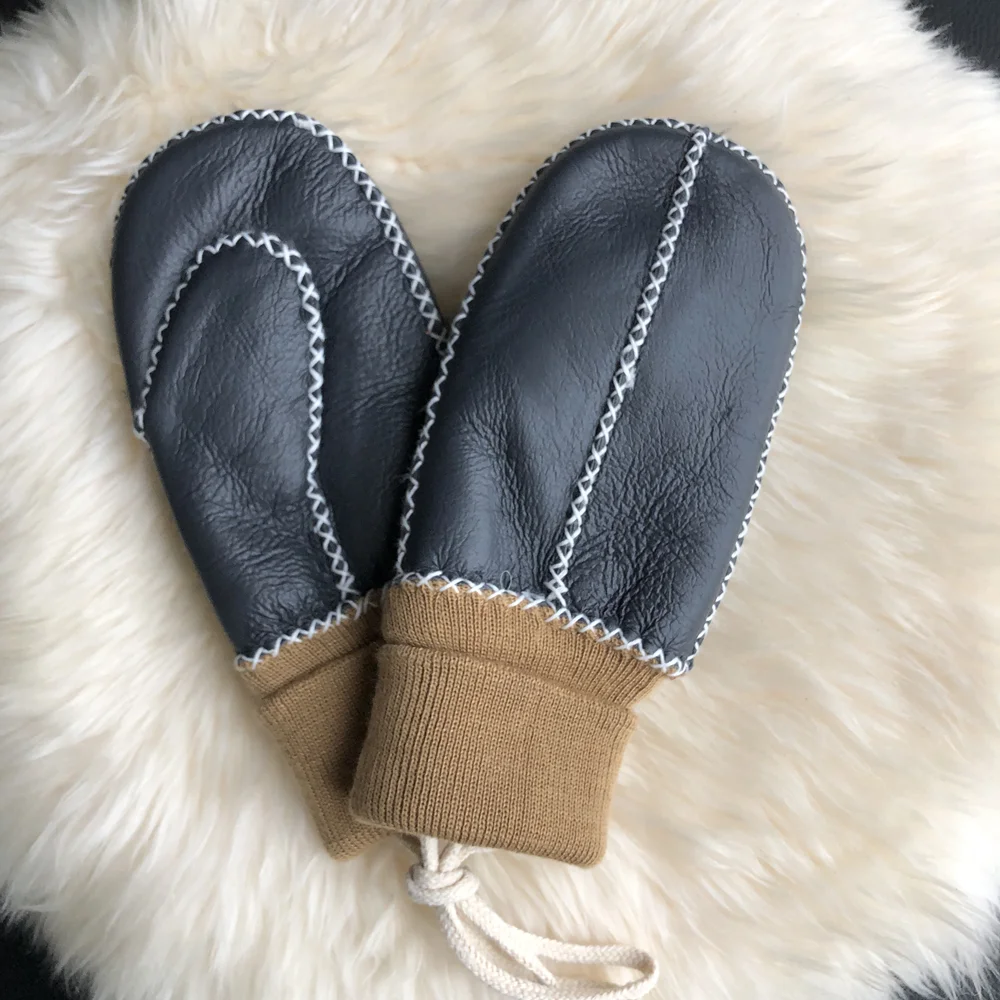 Custom Fashionable Waterproof Features Double Face Sheepskin Leather Gloves Kids Mittens Shearling Fur Lining