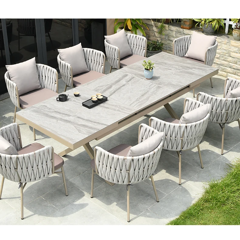outdoor patio furniture expandable outdoor dining table and rattan woven chair set for restaurant