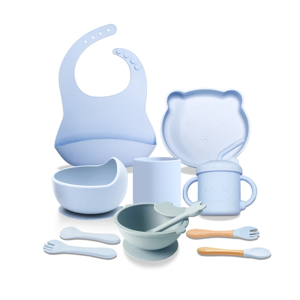 Silicone Factory custom baby feeding supplies drinking cup dinner silicone plate bowl fork spoon baby feeding products set