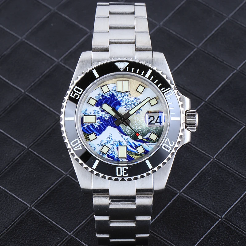 Super Full Luminous NH35 Wave Surfing Dial Sapphire Ceramic Bezel Mechanical SUB Watch