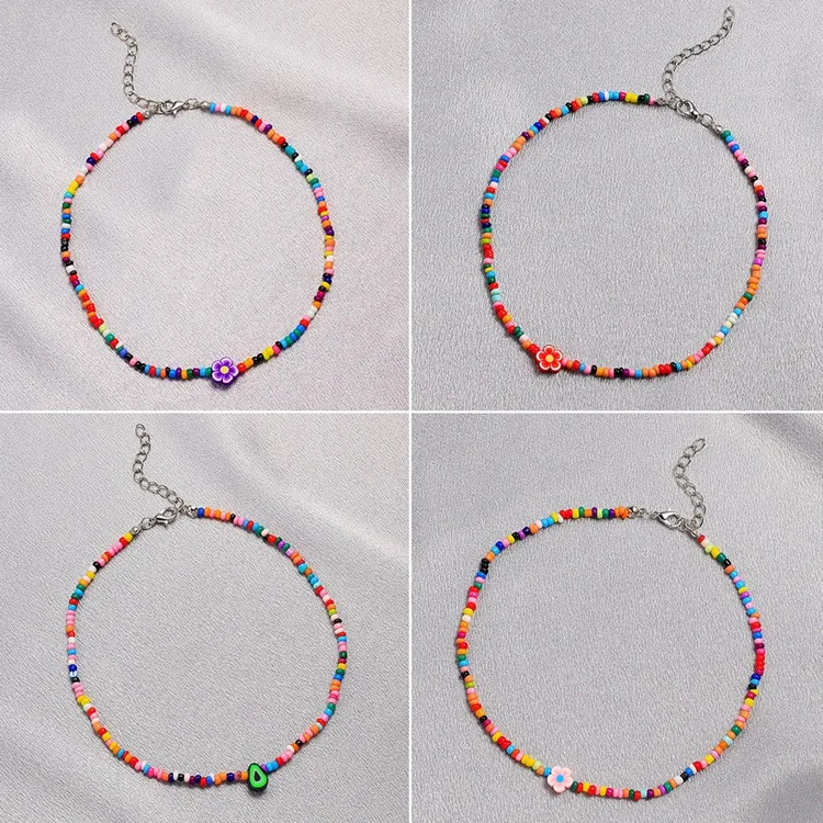 QW-150 Wholesale Fashion Bohemia Short Neck Jewelry Women Seed Beads Papaya Lemon Flower Polymer Clay Choker Necklace