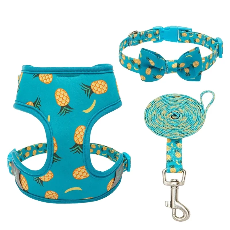 Cute Pineapple and Banana Pattern Breathable Dog Harness with soft Padded Adjustable Harness with Bow Collar and Leash