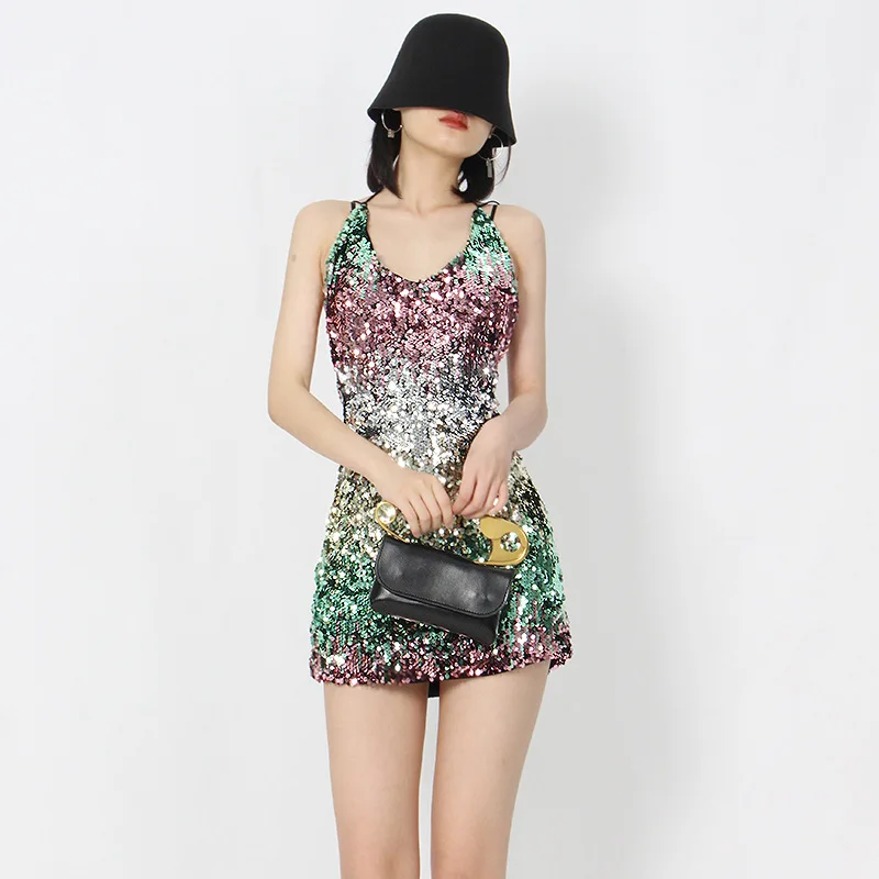 Fashion V-neck sleeveless gradual backless strap-up dress sexy sequin suspender skirt