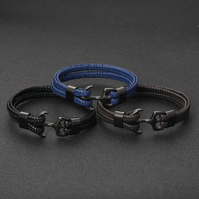 Adjustable Custom Stainless Steel Anchor Handmade Nylon Rope Braided Black Double PU Genuine Leather