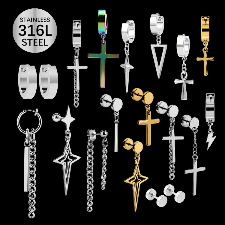 European Hot Selling Hip Hop Jewelry Wholesale Stainless Steel Gold Plated Hollow Cross Star Cross Stud Earrings Dangle Earrings