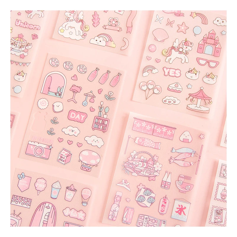 Custom Matte Washi Cute Kawaii Transparent Pvc Deco Clear Journal Planner Stickers Kiss Cut Stickers Sheets