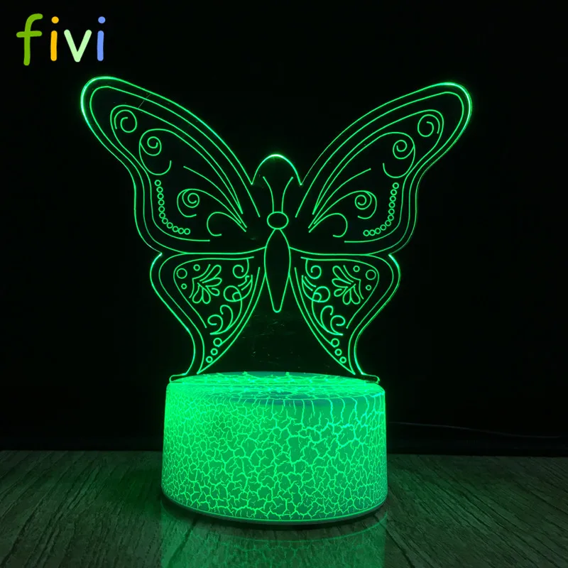Butterfly 3D LED Night Light 3D Optical Illusion 7 Colors Touch Table Desk Visual Crackle base Lamp