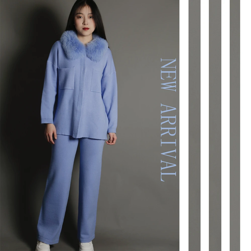 New Designed Wool Blended Knit Top Free Size Coat With Pant 2pc Knit Casual Set With Removable Fox Fur Collar