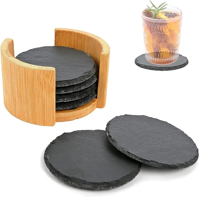 Custom 100% Natural round Slate Coaster Set with Bamboo Holder Bulk Wholesale Drinking Mats & Pads