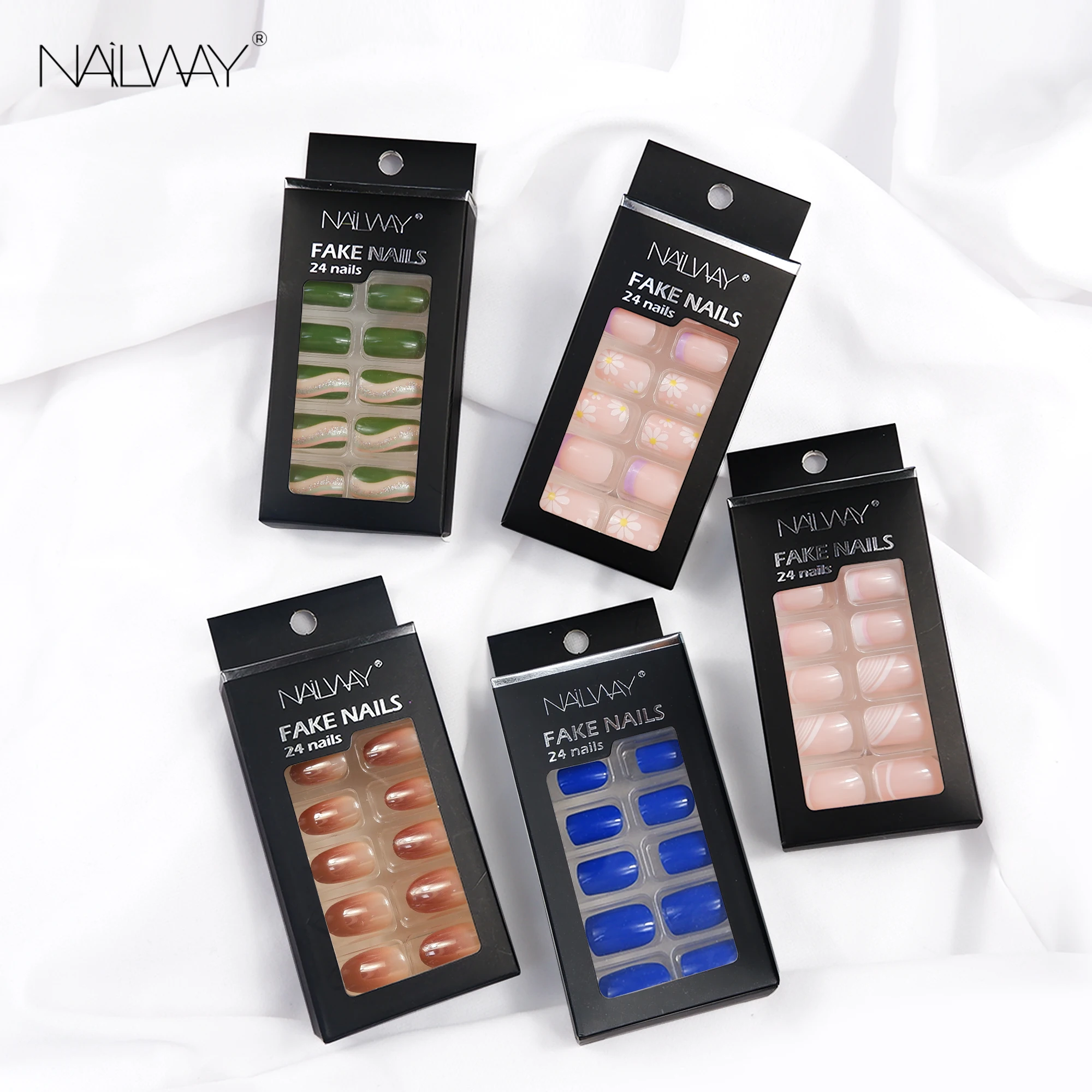 Nailway High Quality  Wholesale Short Square China Fake Nail French Nails Custom Design Press On Nails