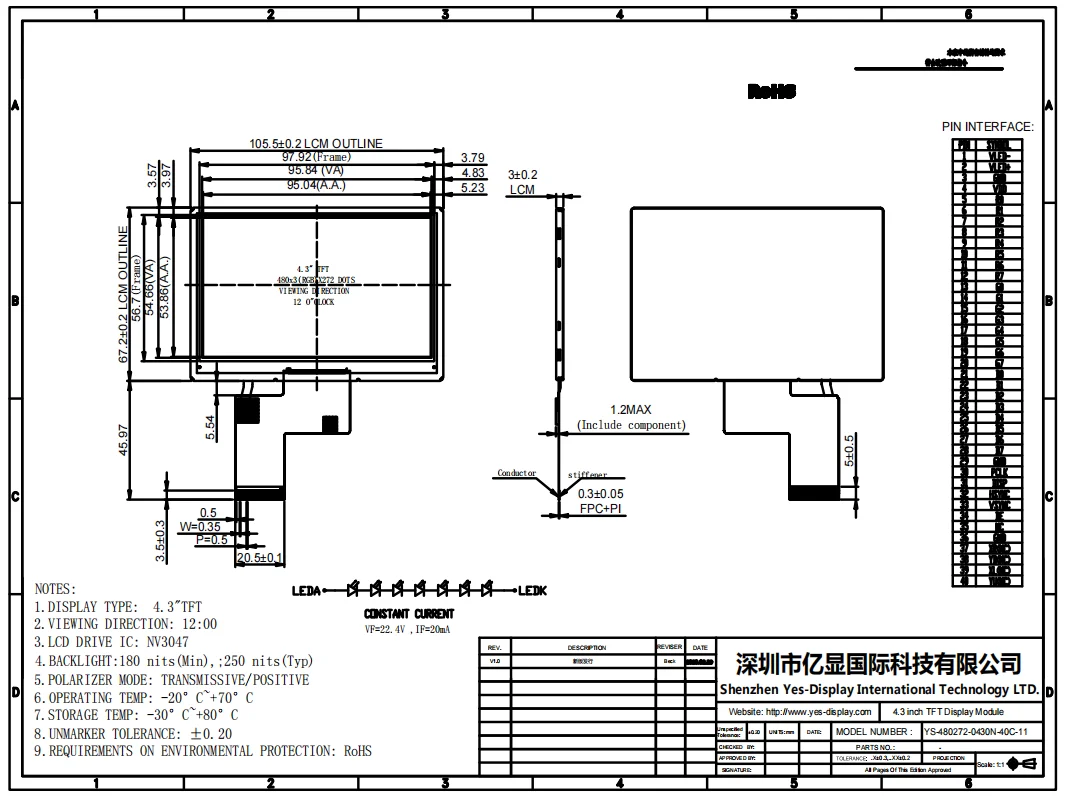 Shenzhen 480*272 Resolution TFT LCD TN Display Modules 4.3 inch TFT LCD Display Panel