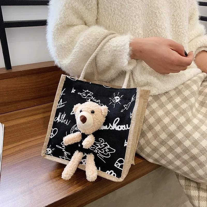 Custom Eco-Friendly Jute Gunny Shopping Tote Bags With Cute Bear Doll And Logo