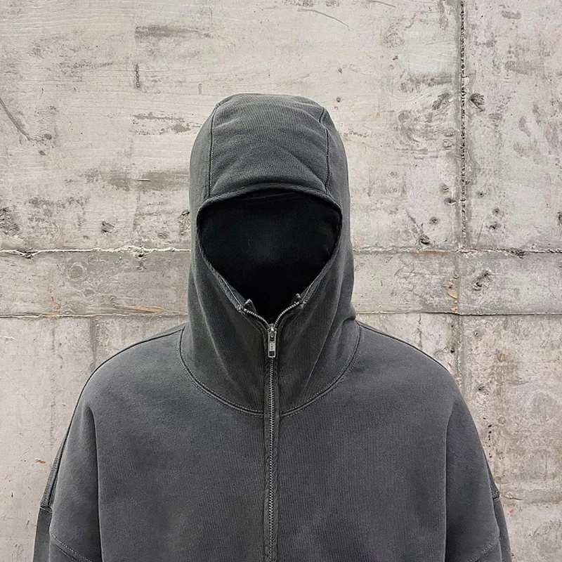 custom Heavyweight vintage blank hooded sweater men Harajuku Punk acid wash full face zip up hoodie with eye holes