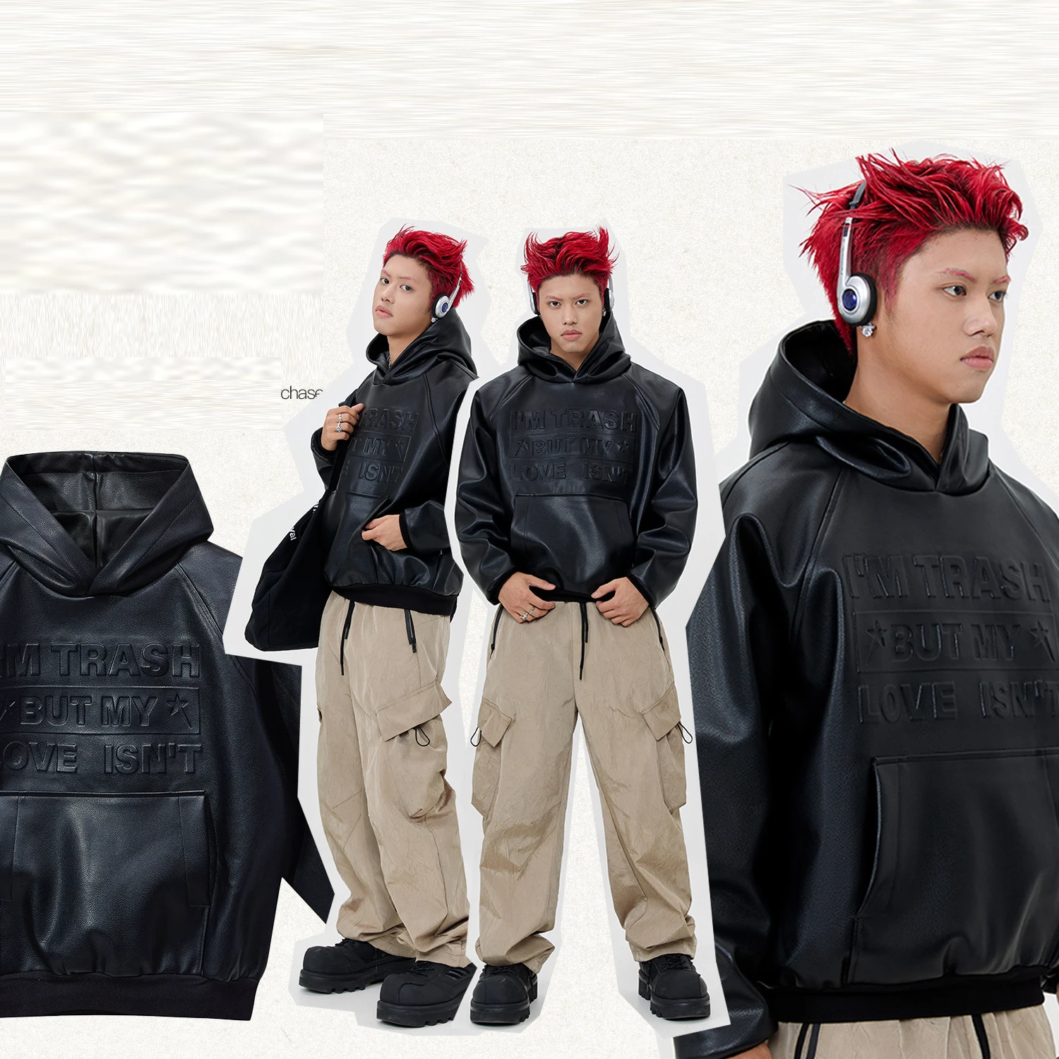 High Quality Heavy Weight Custom 3D Logo Oversized Embossed PU Leather Men Hoodie