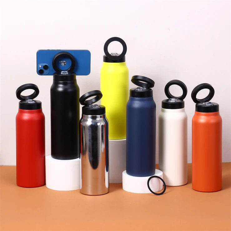 magnetic lids Stainless Steel Water Bottle 24oz Wide Magnetic Phone Holder Friendly Thermos Cups Sports Kettle Gifts