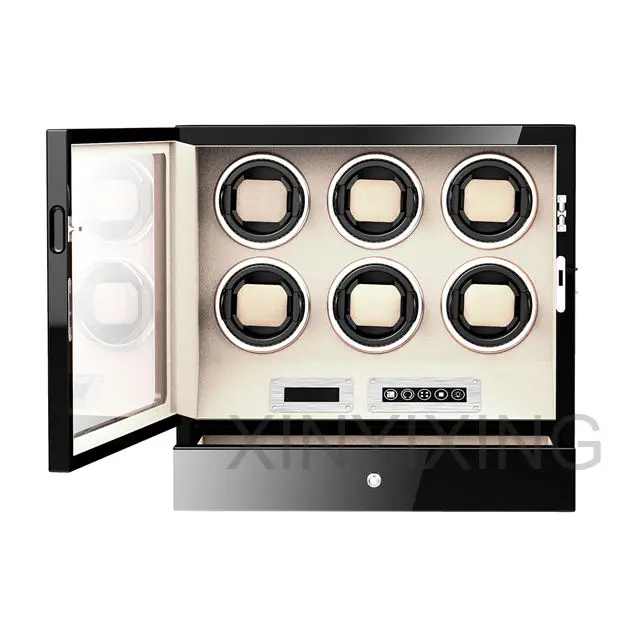 Luxury High quality  molle Automatic watch winder safe wood leather rotations watch winder box  6 slots touch screen LED drawer