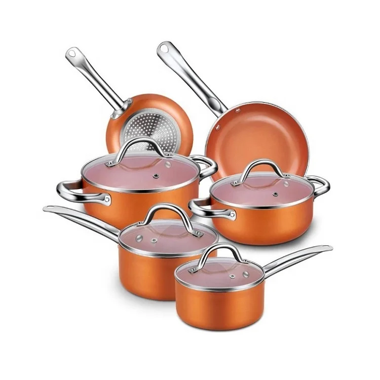 10 Pieces Copper Color Aluminium Casserole Cooker Non-Stick Copper Pan Cookware Set