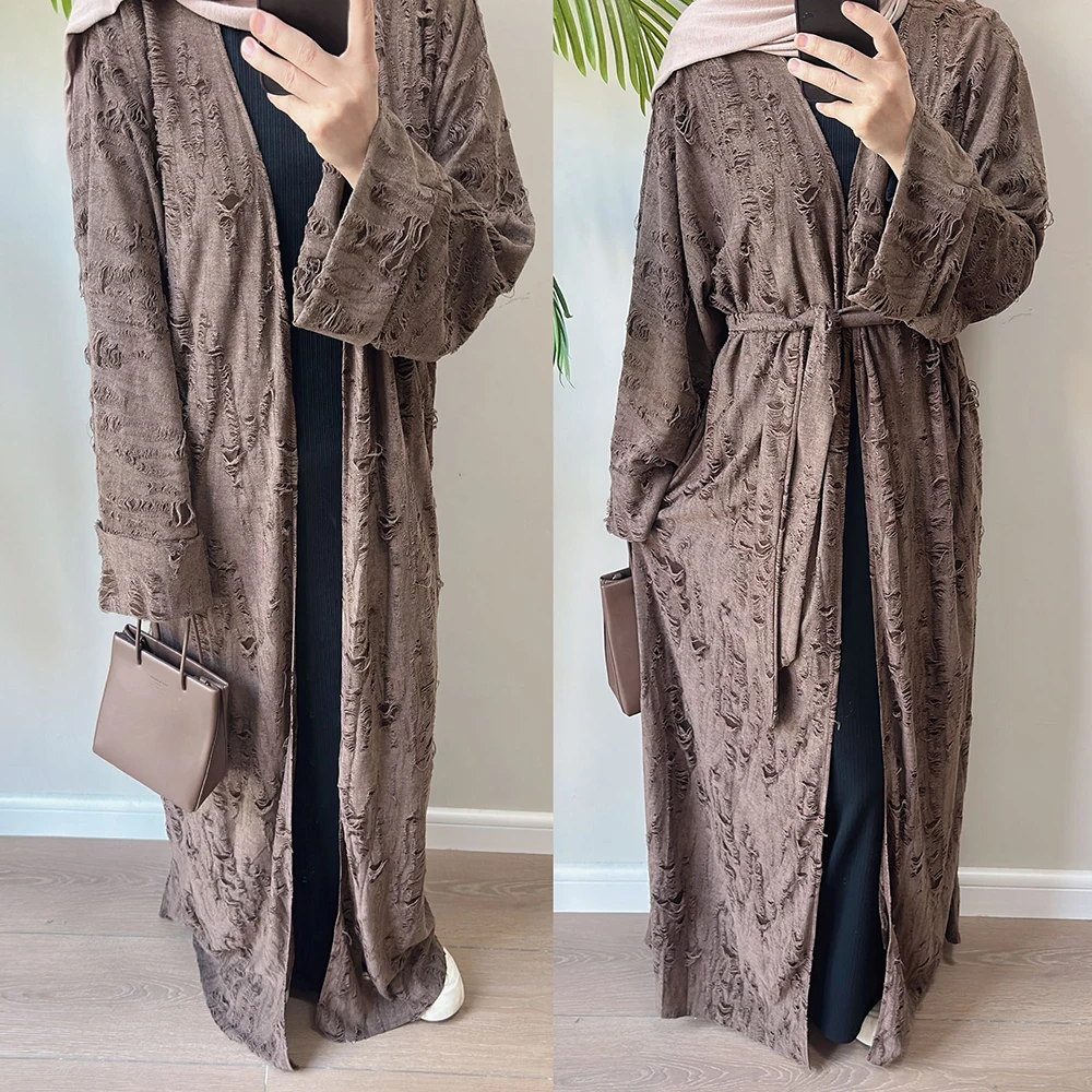 2024 Islamic Abaya Femmes Robe Musulmane Solid Color Fashionable Personalized Ripped Open Abaya Arab Turkish Muslim Abaya Women