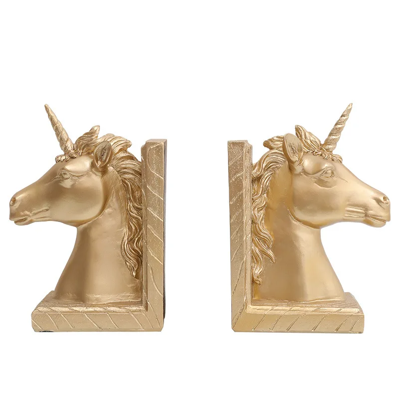 Unique gifts cute study desk decor polyresin animal bookend gold and white 3D Unicorn statue decorative bookend