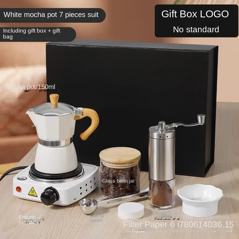 Manufacturer Coffee pot gift box Moka pot set 3 cups 150ML7-piece aluminum electric furnace bean grinder