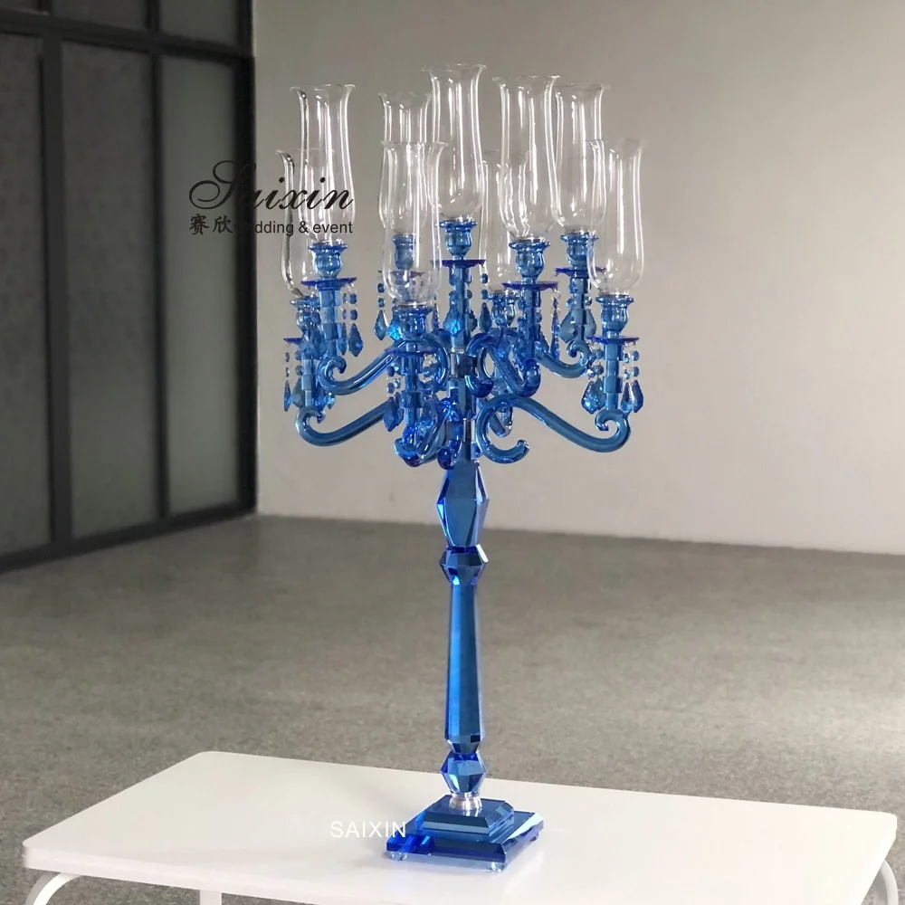ZT-101B 9 arms blue colors crystal glass candelabra wedding table decoration