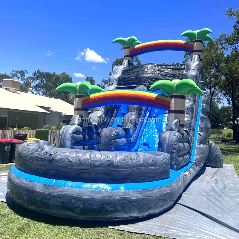Commercial Backyard Palm Tree Jumping Bouncer Marble Tropical Waterslide Combo Bounce House Inflatable Water Slide With Pool