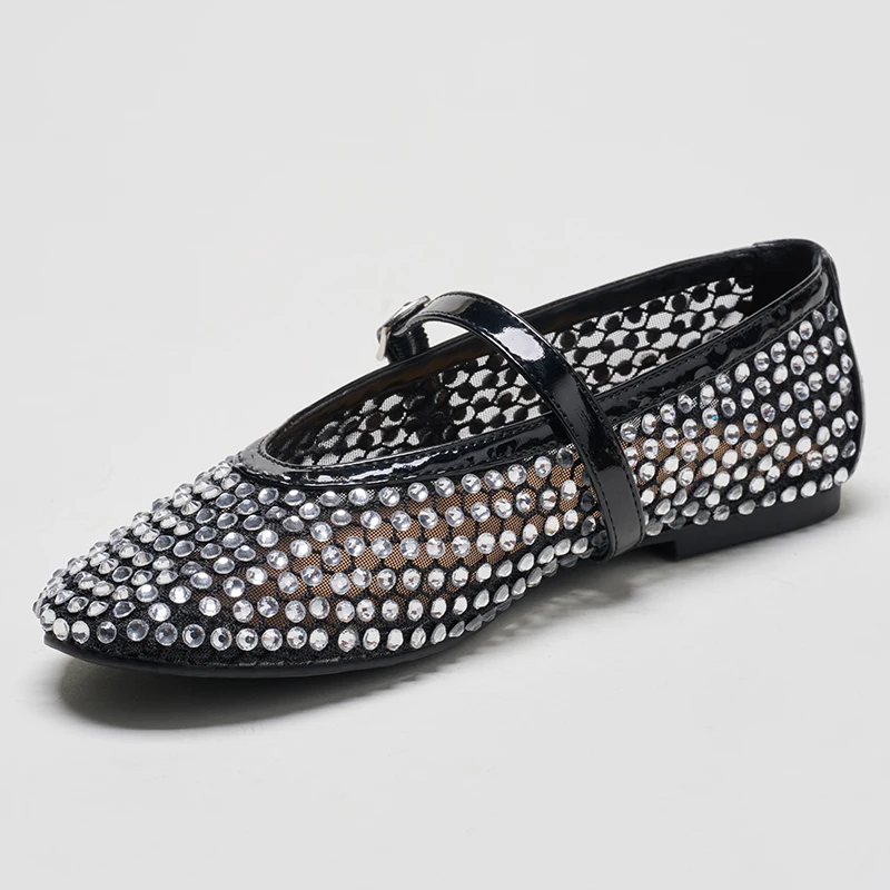 New Arrivals Fashion Women Black Mesh Casual Luxury Rhinestone Diamond Round Toe Sweet Girls Flat Loafers Shoes