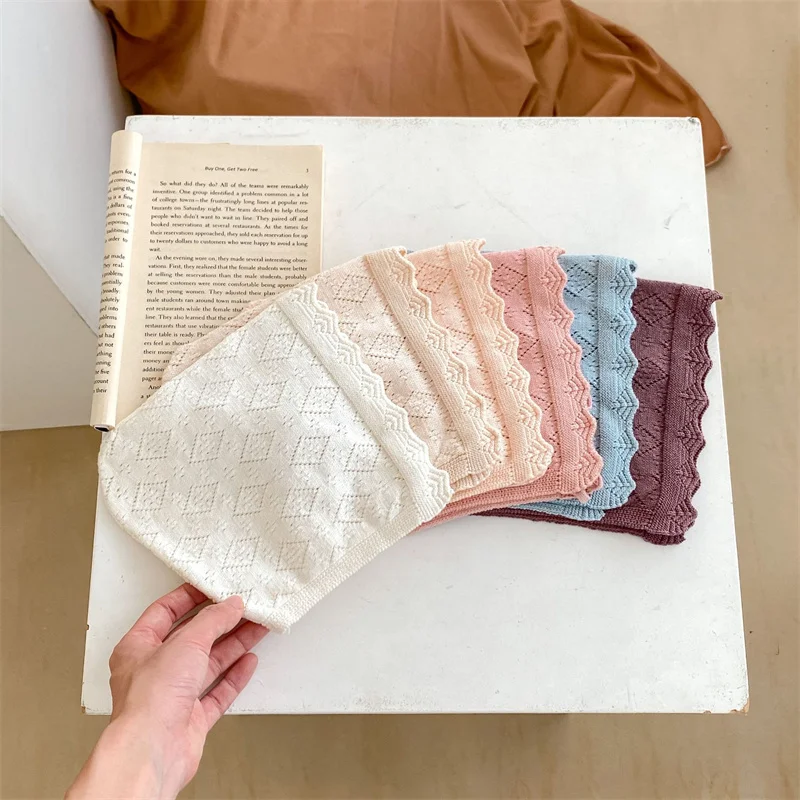 Ins Soft Baby Bonnet Solid Color Baby Girl Hats Newborn Infant Lace Flowers Princess Knitted Hat For 0-24 Months Baby