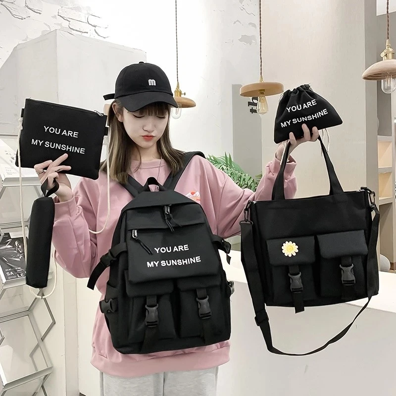 5 Piece Set Kawaii Schoolbags for Teenage Girls Women Backpack 2021Canvas Travel Backpack Student notebook Bookbags Schoolbag