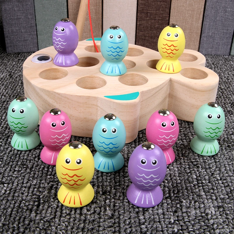 Wooden Children Magnetic Fishing Toy 3d Funny Fish Family Game Baby Kids Educational Toys Gifts