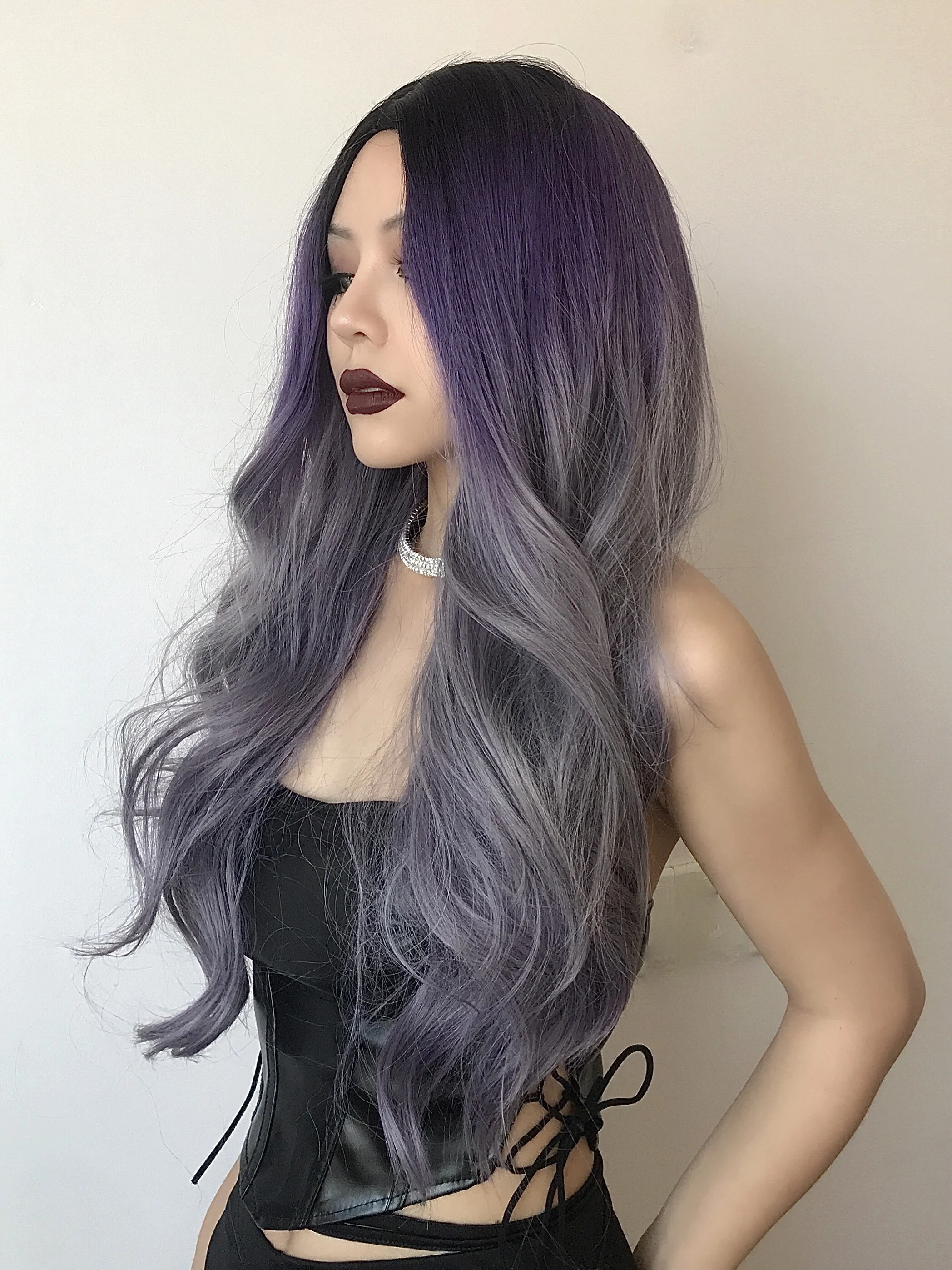 BVR Gray and Purple Ombre Color Long Curly Hair Wig Body Wave Japanese Fibre Synethetic Hair Wig