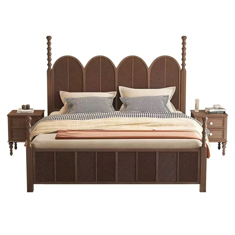 Manufacturers direct sales of American solid wood bed double French retro carved Roman column wedding bed