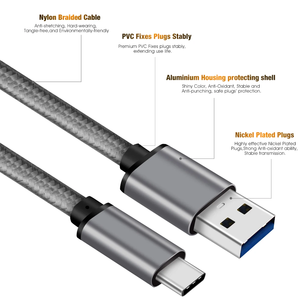 Nylon Braided Cable Usb Tipo C 3A Fast Charging Usb Type C Fast Cable 3.0 For Mobile Phone Charger Cable