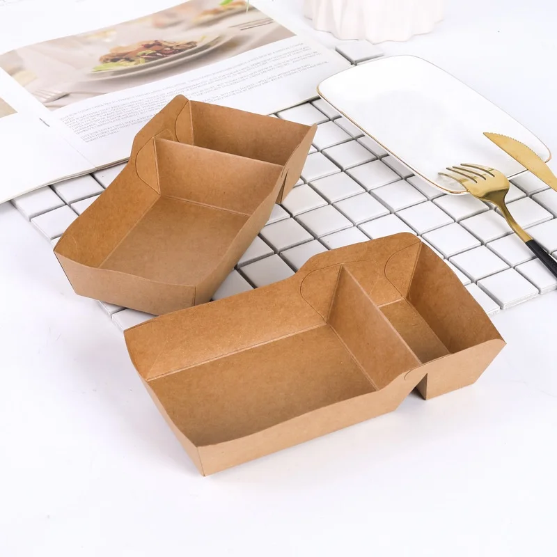 Disposable Biodegradable Paper Tray hot dog plate with compartments custom boat Kraft Paper food trays