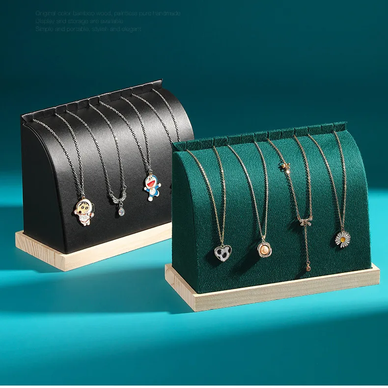 Arc-shape Jewellery Necklace Display White Pu Leather Bracelet Wooden Base Stand Cambered Pendant Chain Holder Display