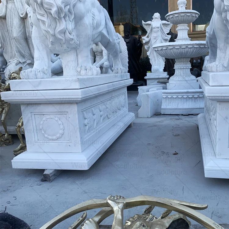European Style Modern Outdoor Landscape Decoration Stone Lion Statue High End Custom Carved White Pair Of Marble Lion Sculpture